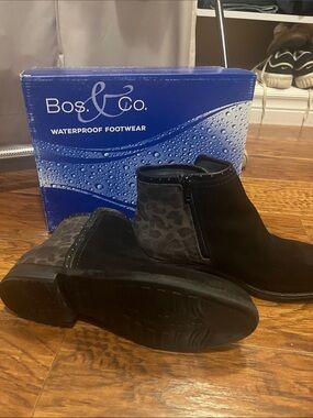 Bos. & Co. Black Suede Ankle Boots with Leopard Accent